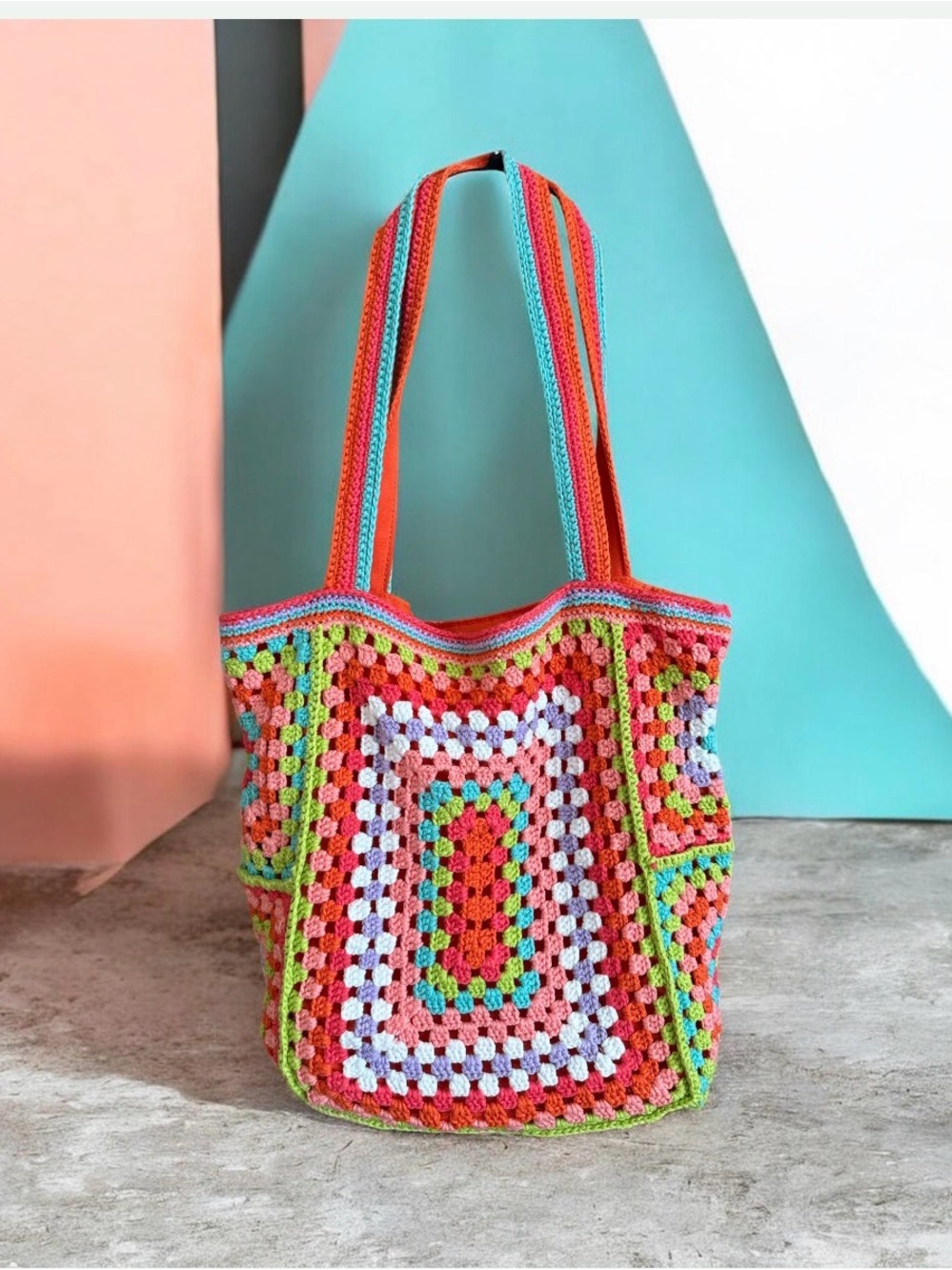 Crochet Tote Bag in Coral, Green & White